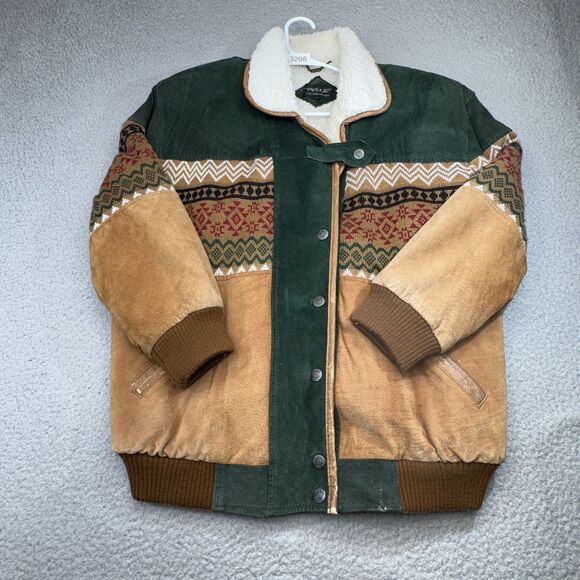 Pelle‎ Jacket Womens Large Brown Green Suede Sherpa Aztec Tribal Leather Western - Picture 1 of 14
